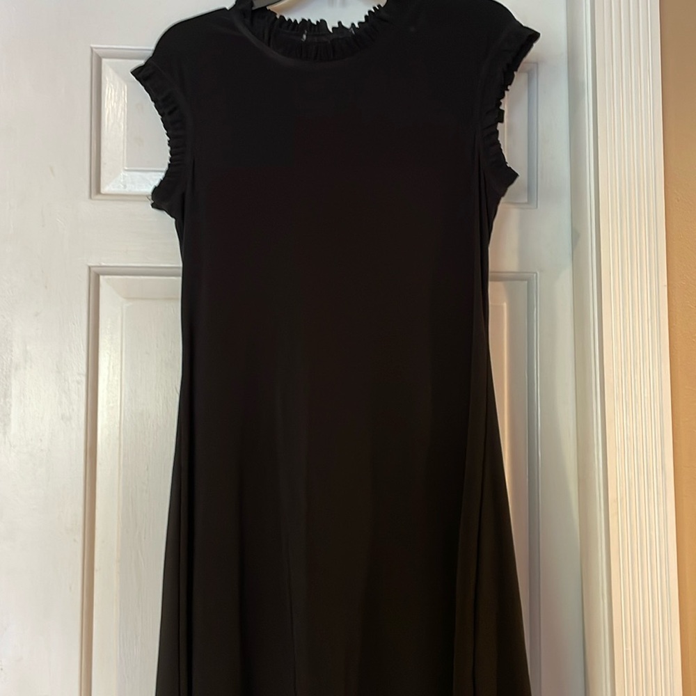 Black knit a line dress with ruffle neck and sleeves